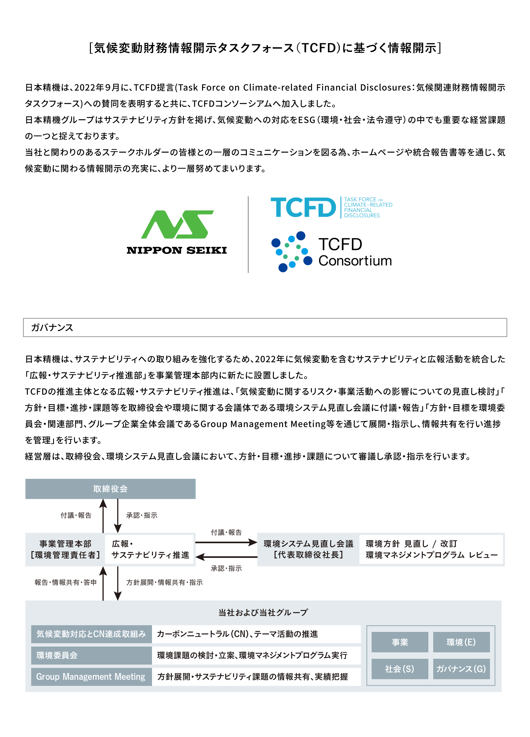 気候変動財務情報開示タスクフォース（TCFD)に基づく情報開示|ガバナンス