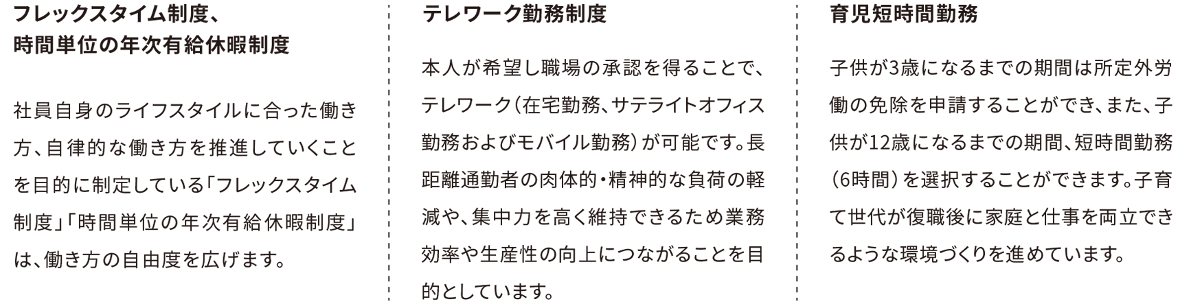 フレックスタイム制度、時間単位の年次有給休暇制度|テレワーク勤務制度|育児短時間勤務